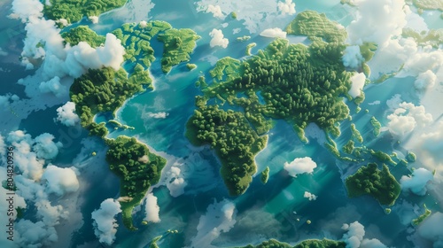 Fototapeta Naklejka Na Ścianę i Meble -  A world map made of green forest, seen from above, with lakes and clouds in the background, island shaped like a world map