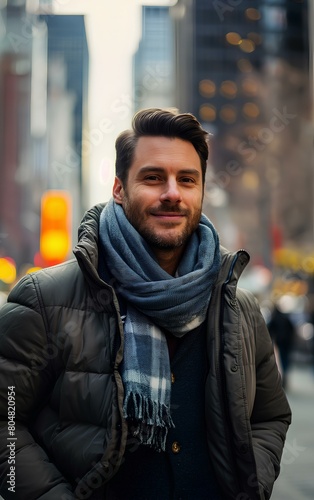 A handsome businessman stands on the street of financial district, smiling at the camera, wearing a warm jacket and scarf. atmosphere of busy city life. lively urban vibe. generative AI