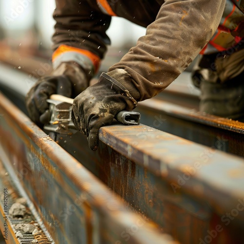 A worker wearing brown gloves and a brown jacket is using a wrench to tighten a bolt on a metal beam. © WACHI