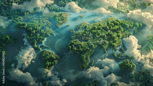 A world map made of green forest  seen from above  with lakes and clouds in the background  island shaped like a world map