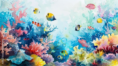 Watercolor painting of a vibrant coral reef teeming with colorful fish  bringing a magical and calming underwater scene to a child s room