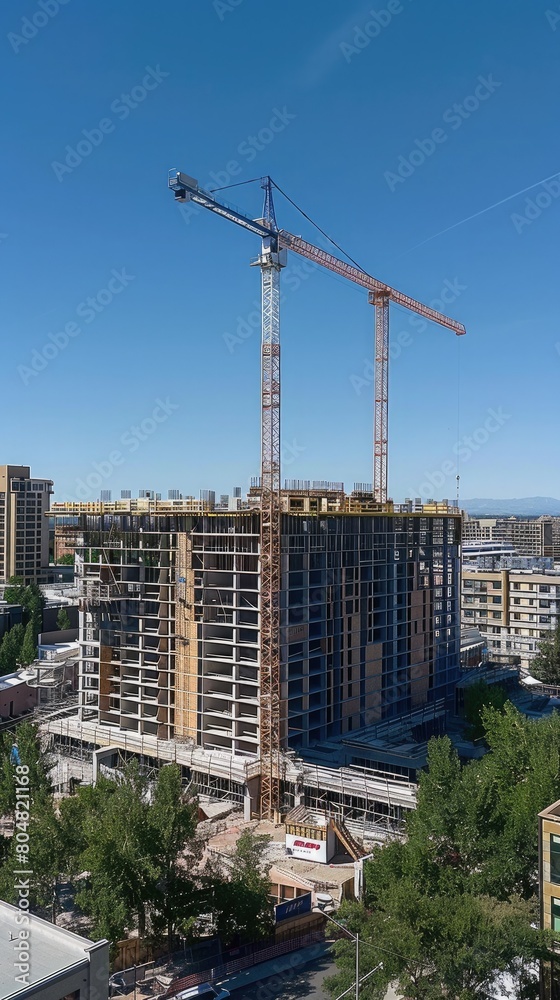 Under construction, two tower cranes above the building. Under construction, two tower cranes above the building.