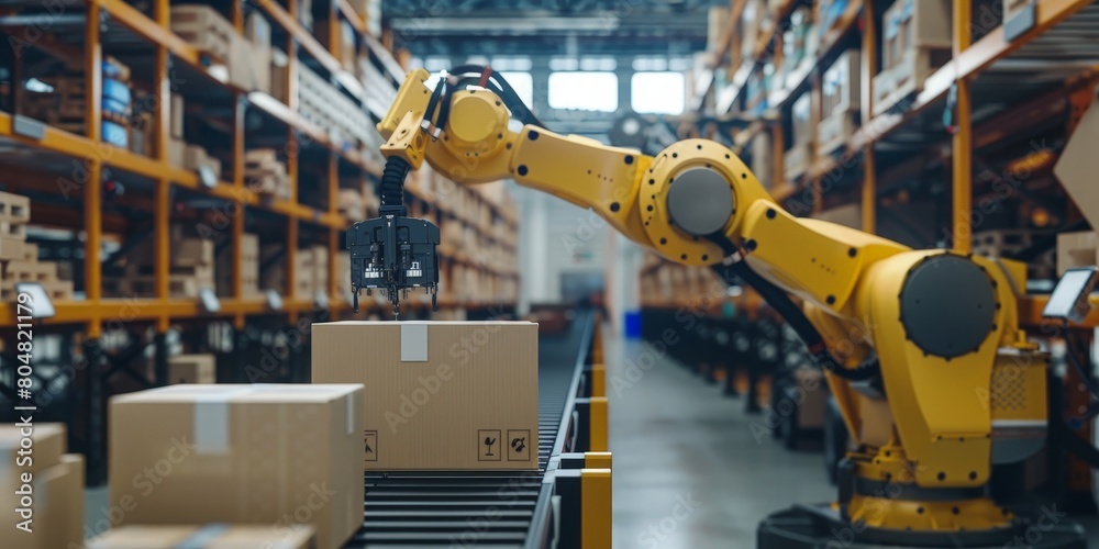 Modern Warehouse Automation With Robotic Arm Handling Cardboard Box