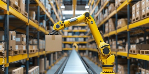 Modern Warehouse Automation With Robotic Arm Handling Cardboard Box