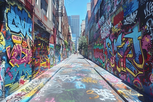 Wallpaper Mural Urban Harmony: A Vibrant Graffiti-Lined Street Fusing Modern Artistry with Historic Architecture Torontodigital.ca