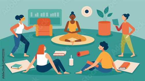 In a cozy studio space yoga mats are arranged in a circle as participants take turns sharing their favorite poems while gently stretching their. Vector illustration
