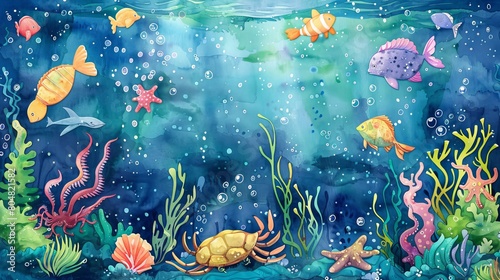 Whimsical watercolor featuring a sea turtle gliding over a sandy sea floor dotted with starfish and shells, a peaceful marine journey
