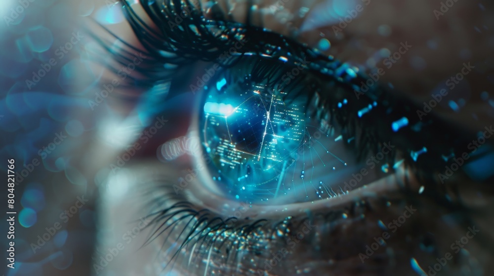 Close-Up View of a Human Eye Enhanced With Futuristic Digital Technology and Holographic Elements Close-Up View of a Human Eye Enhanced With Futuristic Digital Technology and Holographic Elements