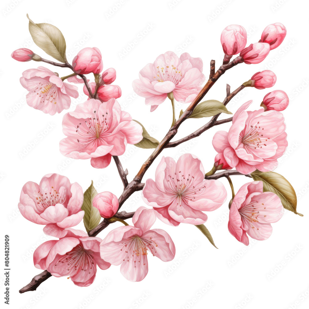 Pink cherry blossom flowers on a branch with green leaves isolated on transparent background. Pink cherry blossom flowers on a branch with green leaves isolated on transparent background.
