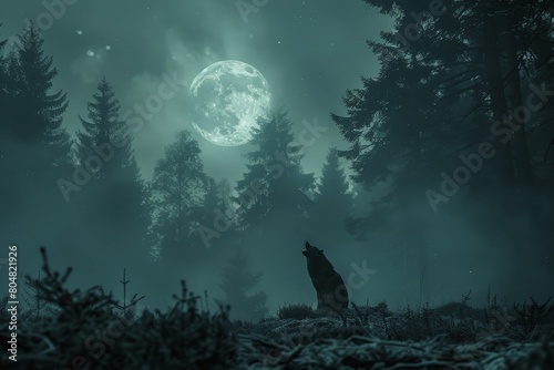 Wolf howling during full moon night in a forest