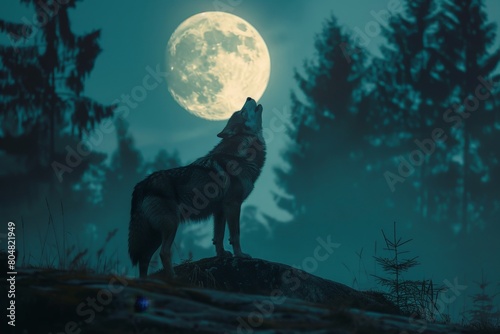 Wolf howling during full moon night in a forest © Kaleb