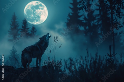 Wolf howling during full moon night in a forest