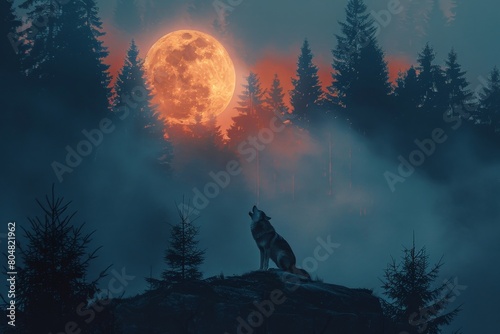 Wolf howling during full moon night in a forest photo