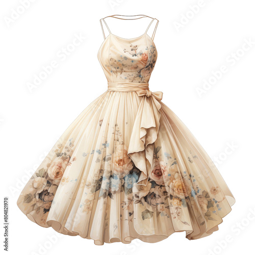 This is AI generated photo of a dress. The dress is white with pink and blue flowers. It has a sweetheart neckline and a full skirt. The dress