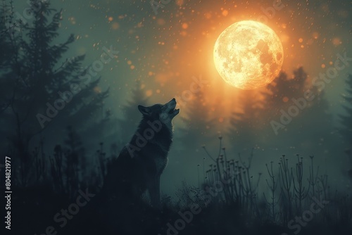 Wolf howling during full moon night in a forest