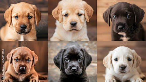 Six Labrador retriever pup on a brown background Four White Labrador puppy Looking in camera on isolated Black background, front view 