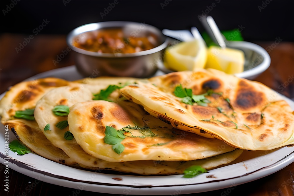 Indian flatbread stuffed with potatoes, aloo paratha, served with butter or curd. Concept Recipe, Indian cuisine, Vegetarian, Stuffed bread, Homemade Indian flatbread stuffed with potatoes, aloo paratha, served with butter or curd. Concept Recipe, Indian cuisine, Vegetarian, Stuffed bread, Homemade
