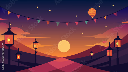 As the sun begins to set the slow roll continues by the glow of ling string lights and lanterns.. Vector illustration
