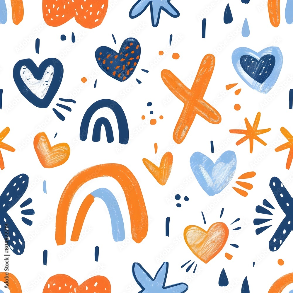 Vibrant Abstract Shapes and Hearts Pattern with Playful Doodle Style Design Elements