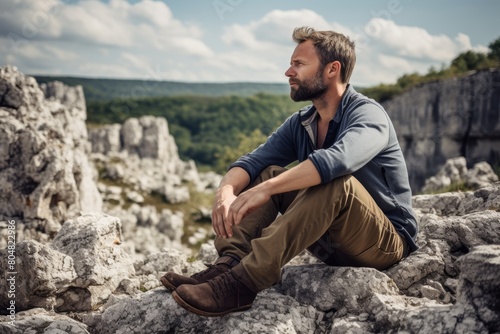 A Solemn Contemplation Amidst the Rugged Beauty: A Portrait of a Pensive Individual Against the Vast Limestone Quarry Backdrop