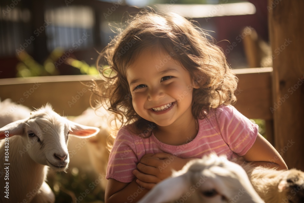 A Joyful Child's Beaming Smile Captured in a Sunlit Portrait at the Bustling Local Petting Zoo, Surrounded by Curious Goats and Soft Bunnies A Joyful Child's Beaming Smile Captured in a Sunlit Portrait at the Bustling Local Petting Zoo, Surrounded by Curious Goats and Soft Bunnies