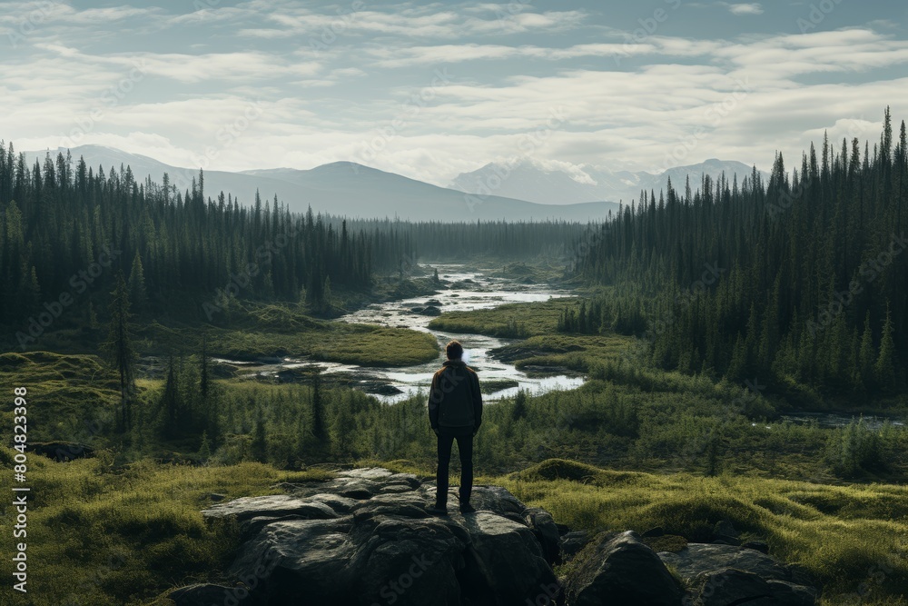 A Solitary Figure Stands Before the Vast, Untouched Expanse of the Siberian Taiga, Pondering the Wilderness A Solitary Figure Stands Before the Vast, Untouched Expanse of the Siberian Taiga, Pondering the Wilderness