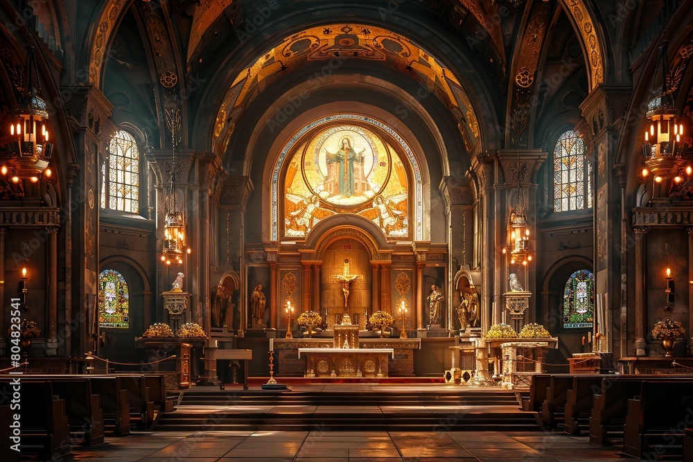 Fototapeta premium Basilica Architectural Splendor: Central Nave, Side Aisles, and Vaulted Ceiling