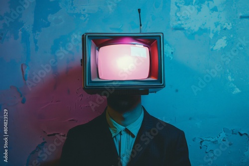 Man with television head on blue background, man in suit with TV on his head