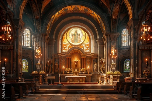 Basilica Architectural Splendor  Central Nave  Side Aisles  and Vaulted Ceiling
