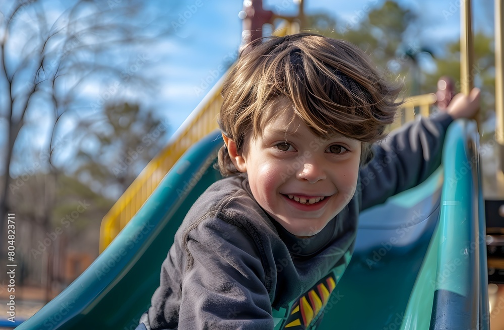Young Boy Having Fun on Playground Slide in Outdoor Park Setting