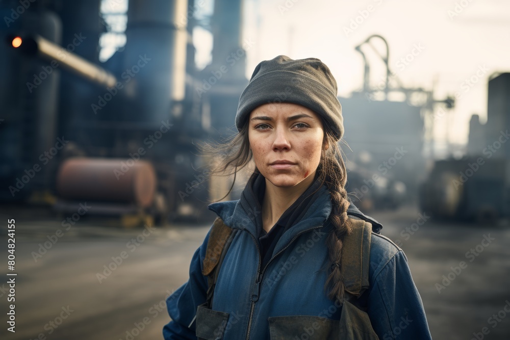 A Resilient Gaze Piercing Through the Industrial Haze: A Striking Portrait of a Determined Woman Standing Boldly Before a Bustling Gas Extraction Facility A Resilient Gaze Piercing Through the Industrial Haze: A Striking Portrait of a Determined Woman Standing Boldly Before a Bustling Gas Extraction Facility