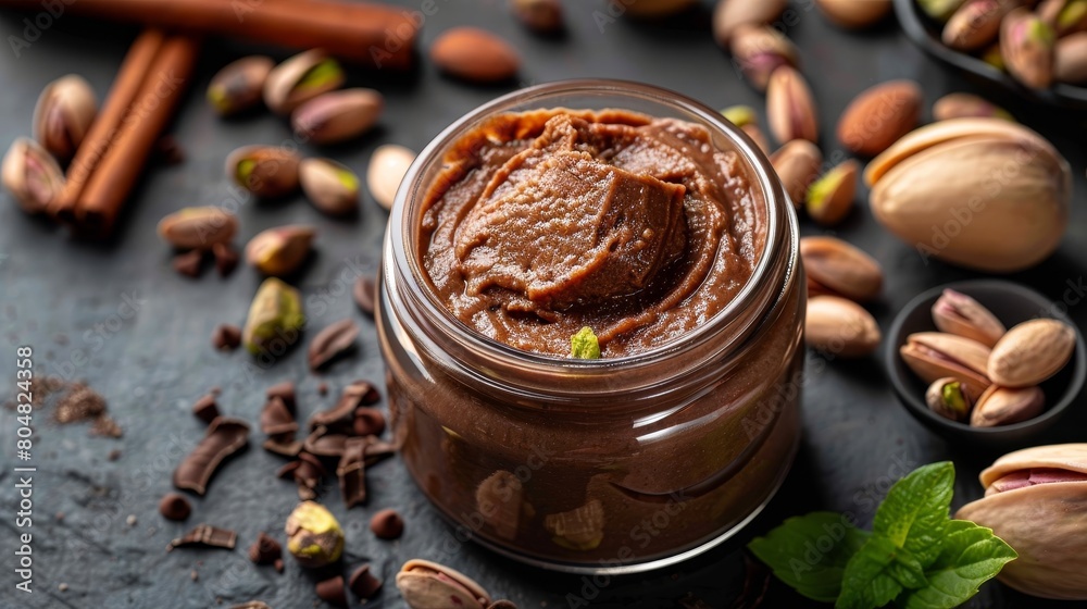 Top angle shot of a jar filled with rich nut paste next to scattered pistachios and a swirl of natural yogurt, set against a stark, isolated background for product showcase, studio light Top angle shot of a jar filled with rich nut paste next to scattered pistachios and a swirl of natural yogurt, set against a stark, isolated background for product showcase, studio light