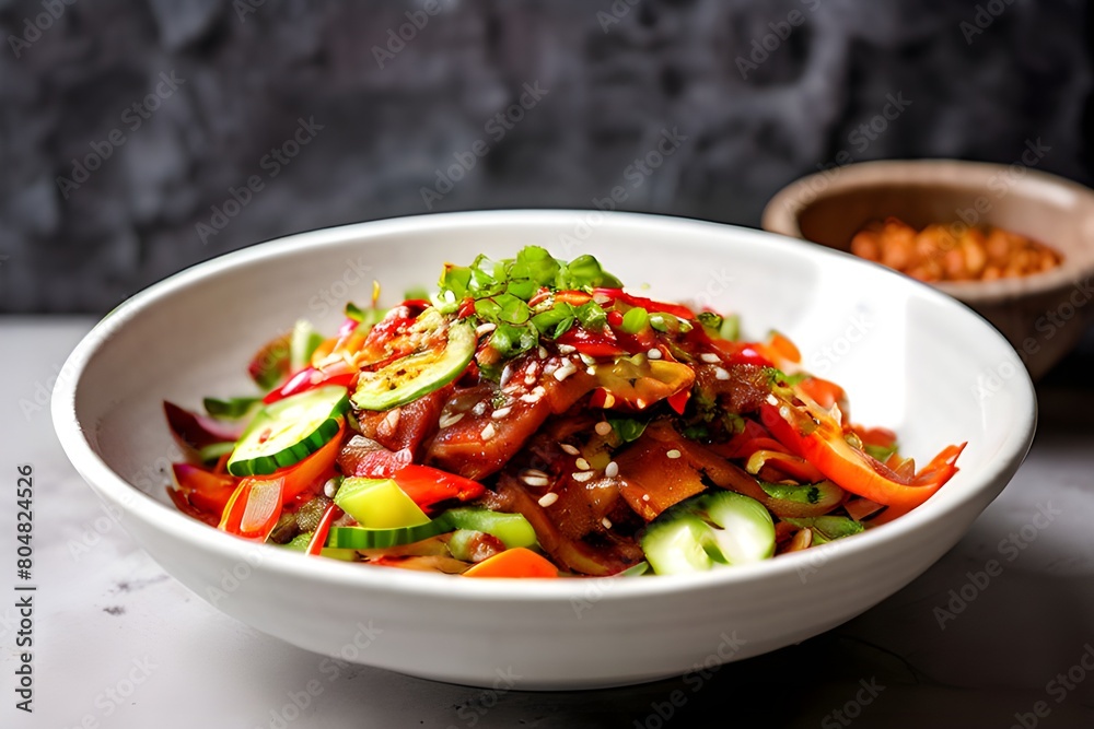 Spicy Korean salad in white bowl by concrete wall Spicy Korean salad in white bowl by concrete wall