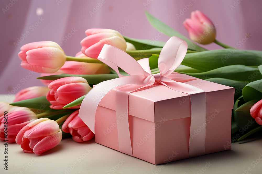 Gift Box with Pink Ribbon Beside Fresh Tulips Gift Box with Pink Ribbon Beside Fresh Tulips