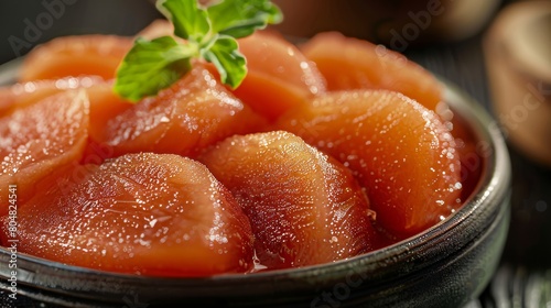 Quince paste close-up, looking succulent and inviting, shot with high-definition studio lighting, against a blurred out background, showcasing freshness.