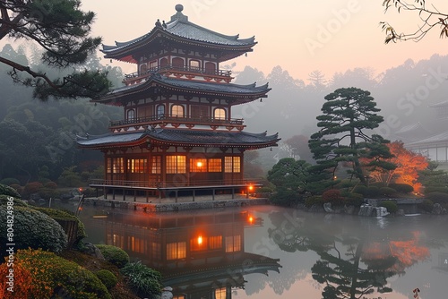 Tranquil Reflecting Pool: Japanese Pagoda-Inspired Museum with Floating Pavilions