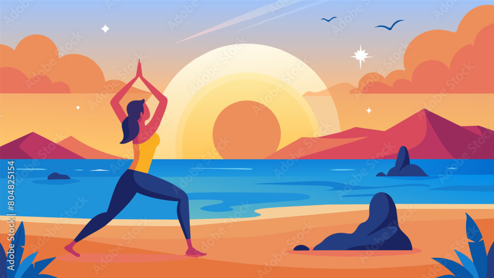 A stunning sunrise yoga session on the beach starting the day off with energy and positive intentions.. Vector illustration