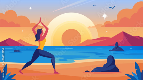 A stunning sunrise yoga session on the beach starting the day off with energy and positive intentions.. Vector illustration photo