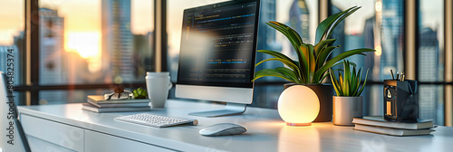 Modern Office Space with High-Tech Computer Setup, Programmer at Work in a Cyber-Focused Environment