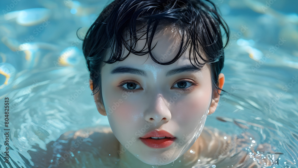 Pixie Cut Style: Asian Female Swimmer, Dynamic Pixie: Haircut for Asian Athlete, Aquatic Pixie Elegance: Swimming Athlete's Hairstyle, Streamlined Pixie: Hairdo for Asian Woman Swimmer