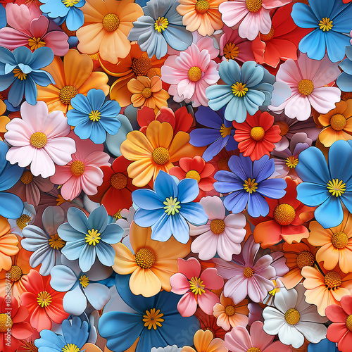 A vibrant array of colorful flowers in varying shades of blue, red, orange, and pink, densely packed in a seamless pattern.