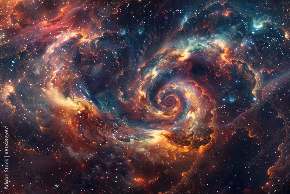 The depths of space, surrounded by a galaxy of swirling stars and nebulae.

Swirling vortices of cosmic energy, colorful Nebulae and star clusters