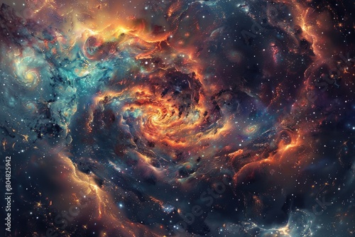 The depths of space, surrounded by a galaxy of swirling stars and nebulae.Swirling vortices of cosmic energy, colorful Nebulae and star clusters