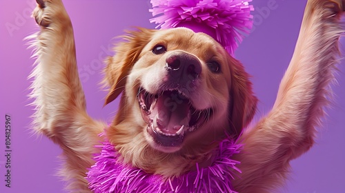 Cheerful Golden Retriever Puppy Wearing Pompoms and Cheerleading Uniform in Surreal Studio Setting