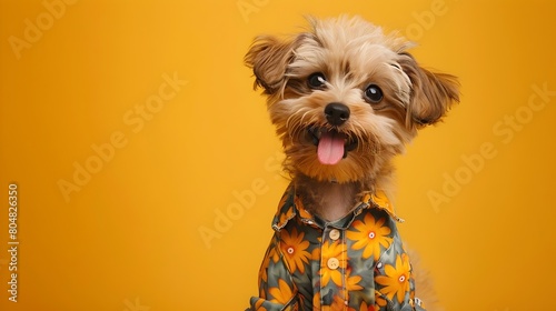 Surreal One Puppy Dog in Vibrant Fashion Clothing on Ochre Studio Background