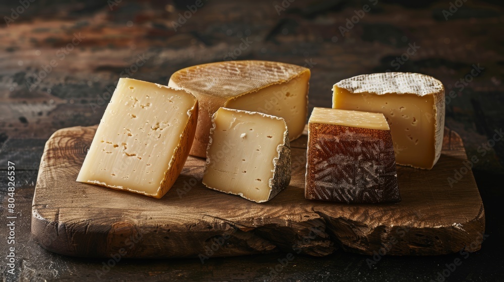 Fototapeta premium Premium cow's milk cheese assortment on a polished cutting board, spotlighted with professional studio lighting for a luxurious feel.