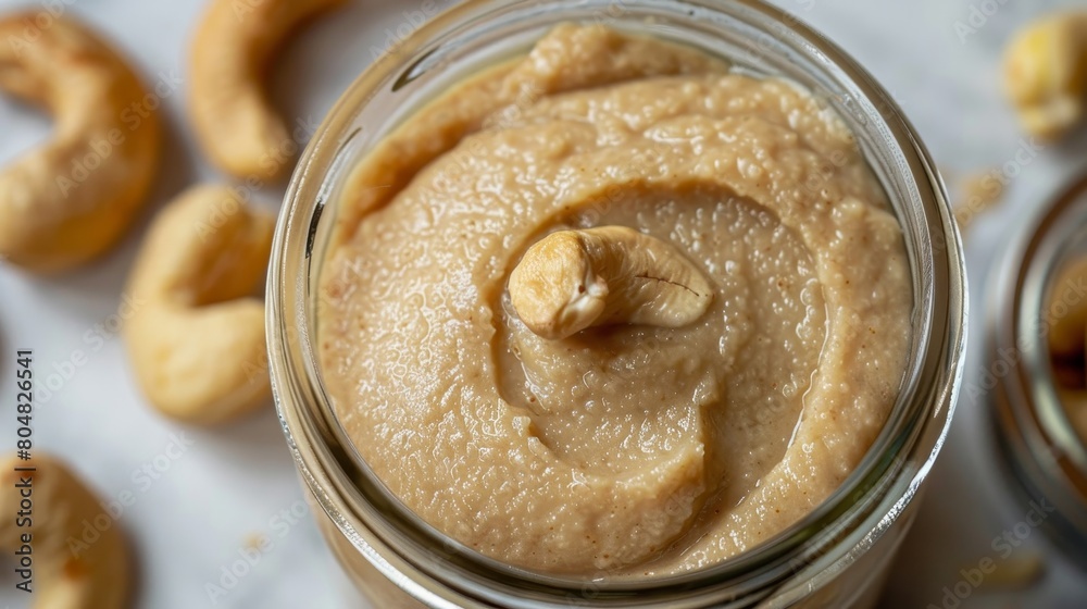 Premium cashew paste close-up in a transparent jar, rich detail, studio lighting enhancing the creamy texture, isolated setting