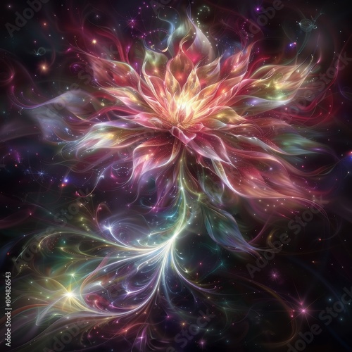Radiant Cosmic Flower Blooming in Space with Multicolored Nebula and Twinkling Stars, Perfect for Spiritual and Mystical Themes