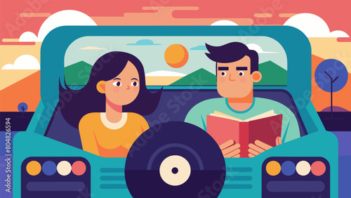 On a road trip a couple takes turns sharing their favorite vinyl records adding a personal touch to the long drive. Vector illustration