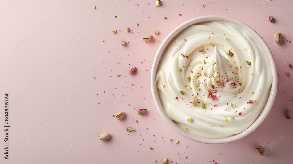 Overhead composition of gourmet natural yogurt with a dollop of nut paste and a sprinkle of pistachios, ideal for ads, on a seamless bright backdrop, studio illumination Overhead composition of gourmet natural yogurt with a dollop of nut paste and a sprinkle of pistachios, ideal for ads, on a seamless bright backdrop, studio illumination